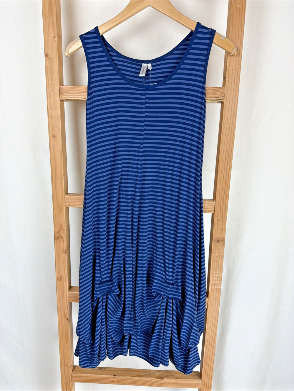 NWT Kleen Blue Striped Round Neck Draped Hem Midi Tank Dress #0857 Size 1X